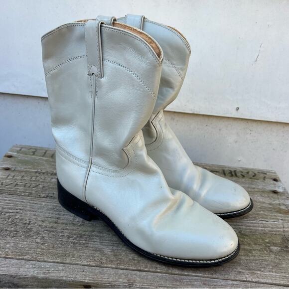 Vintage Justin roper Boots Eggshell White Cream Youth 6D - Picture 1 of 12